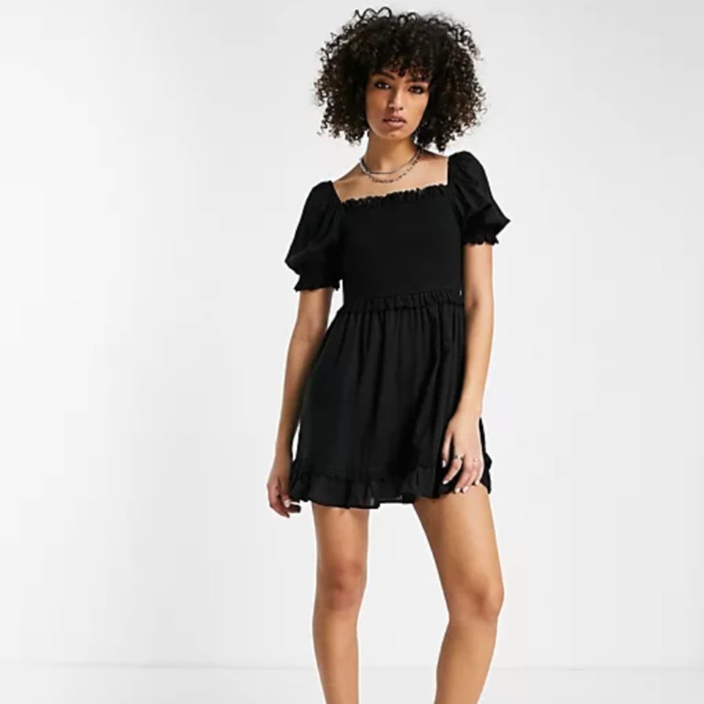 Topshop Shirring Broderie Trim Mini Dress Black Size 4